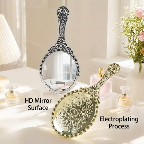 Vintage Handheld Makeup Mirror Baroque Embossed Floral Pattern Portable Electroplated Plastic Vanity Travel Mirror For Women