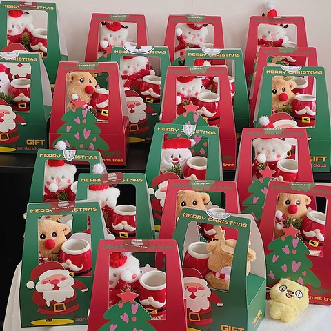 Christmas Gift Box Portable Paper Packaging Handle Window Cartoon Santa Claus Christmas Tree Holiday Party Decoration