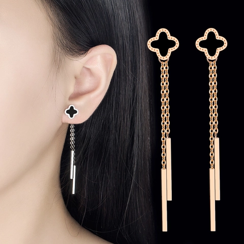 Trendy Clover Drop Earrings With Long Tassels Copper Zirconia Black Drip Oil Rose Gold Silver Plated Elegant Fashion Jewelry For Women