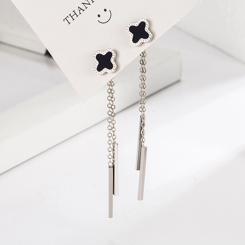 Trendy Clover Drop Earrings With Long Tassels Copper Zirconia Black Drip Oil Rose Gold Silver Plated Elegant Fashion Jewelry For Women