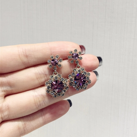 Vintage Flower Dangle Earrings Alloy Colorful Rhinestone Snowflake Drop Ear Jewelry For Women Elegant Retro