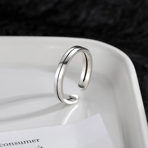 925 Sterling Silber Ring Minimalistisch Gestreift Retro Doppellinie Design Offen Verstellbar Schmuck Für Damen