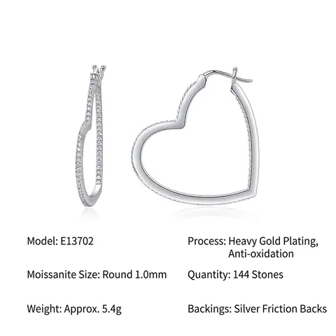 Luxury S925 Silver Moissanite Heart Hoop Earrings For Women Elegant Sparkling Inlaid Jewelry With GRA Certificate Gift
