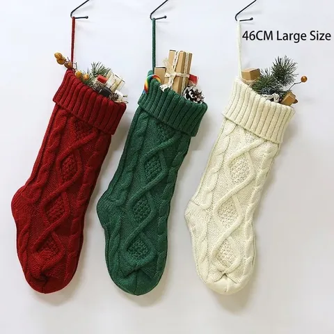 Classic Cable Knit Christmas Stocking Knitted Gift Bag Holiday Decoration For Fireplace Mantel Christmas Tree Hanging Ornament