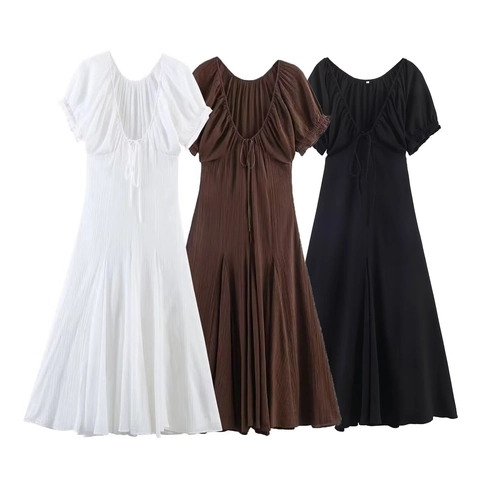 Vestido Midi Plisado Mujer Manga Corta Abullonada Cordón Cuello En U Línea A Color Sólido Casual Verano