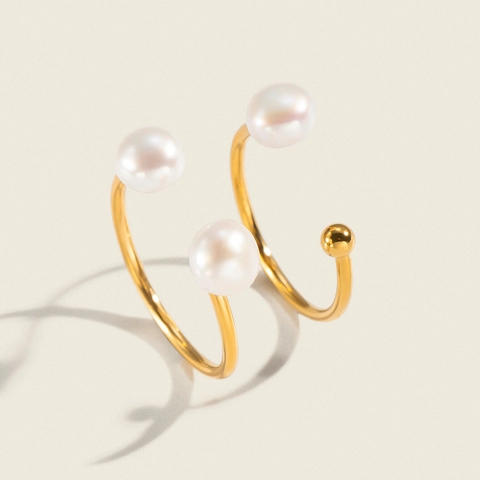 Anillo Abierto Perla Artificial Minimalista Acero Inoxidable Chapado Oro 18K Joyería Geométrica Ajustable Mujeres Impermeable