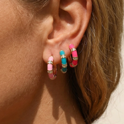 Orecchini a Cerchio in Rame e Smalto Moda per Donna Uomo Placcato Oro Zirconia Intarsiato Orecchini Huggie Geometrici Gioielli