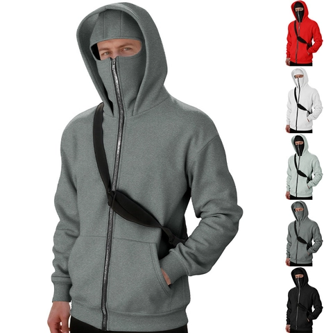 Herren Full Zip Hoodie Mit Integrierter Balaclava Maske Polyester Strick Streetwear Loose Fit Einfarbige Freizeitjacke
