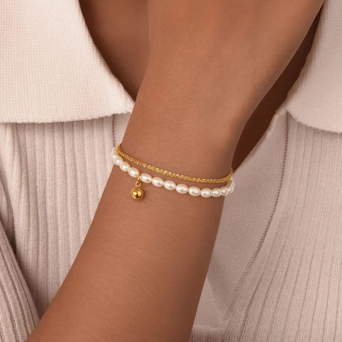 Double Layer Bracelet For Women Stainless Steel With Imitation Artificial Pearls And Gold Ball Pendant Elegant Jewelry