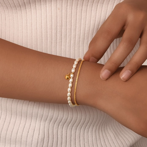 Double Layer Bracelet For Women Stainless Steel With Imitation Artificial Pearls And Gold Ball Pendant Elegant Jewelry