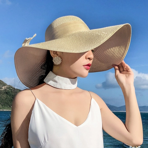 Women Straw Sun Hat Wide Brim Foldable Beach Vacation Summer Breathable Bow Decoration Elegant