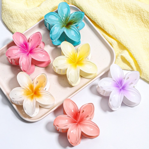 Plumeria Flower Hair Claw Clips Resin Matte Pearly Shark Hairpins Tropical Hawaiian Style Non Slip Headwear For Women Girls