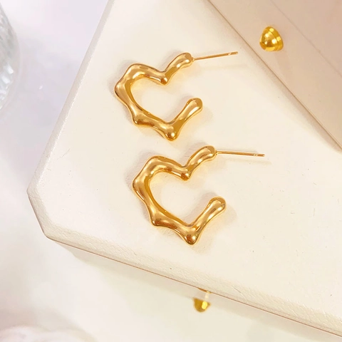 Boucles Doreilles Puces Coeur Acier Inoxydable Métal Liquide Texture Ondulée Irrégulière Plaqué Or Bijoux Géométriques Femmes