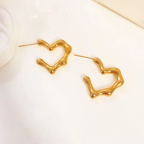 Boucles Doreilles Puces Coeur Acier Inoxydable Métal Liquide Texture Ondulée Irrégulière Plaqué Or Bijoux Géométriques Femmes