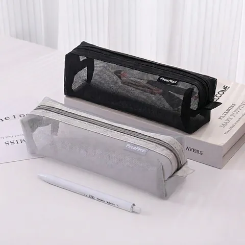 Minimalist Nylon Mesh Pencil Case Transparent Zipper Stationery Bag High Capacity For School Office Desktop Storage
