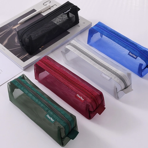 Minimalist Nylon Mesh Pencil Case Transparent Zipper Stationery Bag High Capacity For School Office Desktop Storage