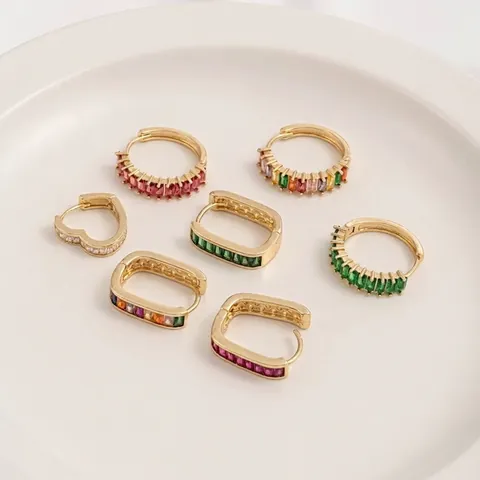 Orecchini In Rame Placcato Oro 14K Con Zirconi Baguette Forma Di Cuore U Tondo Gioielli Geometrici Minimalisti Da Donna