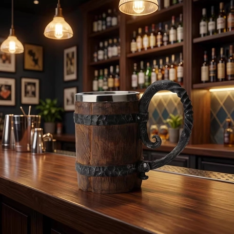 Medieval Viking Wooden Barrel Beer Mug With 304 Stainless Steel Liner Retro Tankard Cup For Bar And Home Decor