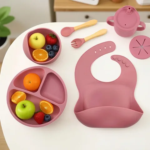 Baby Feeding Silicone Suction Plate Bowl Bib Straw Cup Training Utensils Toddler Self Eating Soft Wood Material