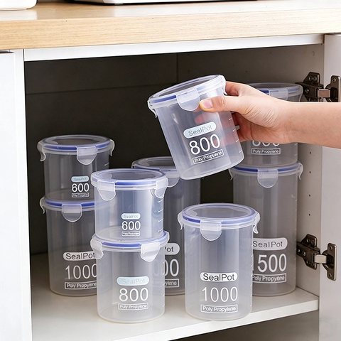 Transparent Plastic Food Storage Containers Airtight Sealing Jars Kitchen Cereal Grain Organizer Round Side Lock Lids