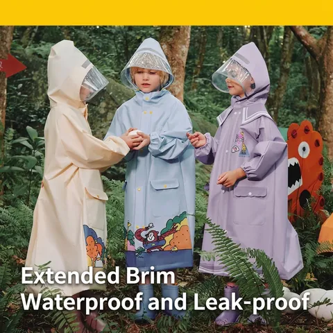 Impermeabile Bambini EVA Poncho Con Cappuccio Tesa Larga Trasparente Striscia Riflettente Posto Zaino Outdoor Bambini