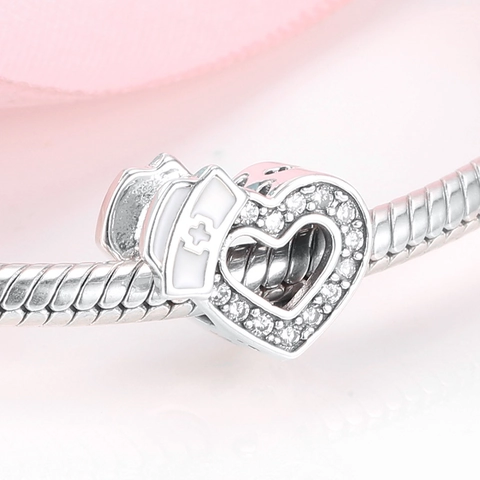 Herz Krankenschwester Hut Charm 925 Sterling Silber Funkelnde Zirkonia Perle DIY Armband Schmuckherstellung Medizinisches Geschenk
