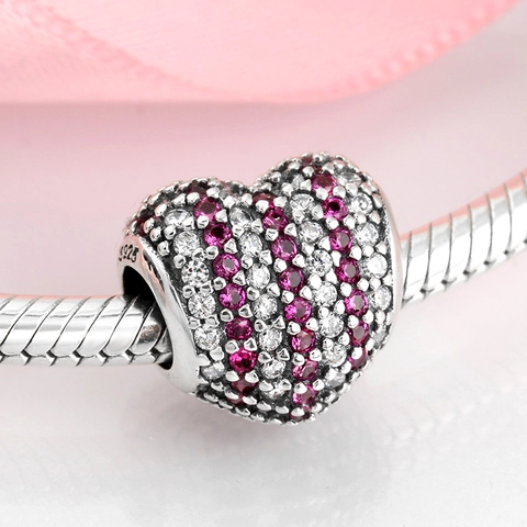 Heart Charm Bead 925 Sterling Silver Pavé Set Alternating Magenta White Cubic Zirconia DIY Bracelet Accessory Valentine's Gift