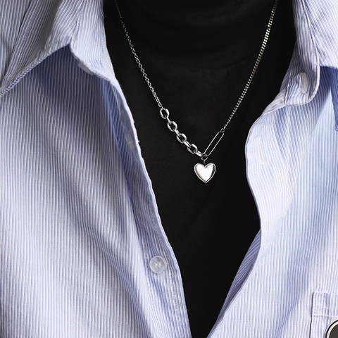 Heart Pendant Necklace 316L Stainless Steel Asymmetrical Paperclip Link Chain Beaded Edge Silver Color Modern Jewelry