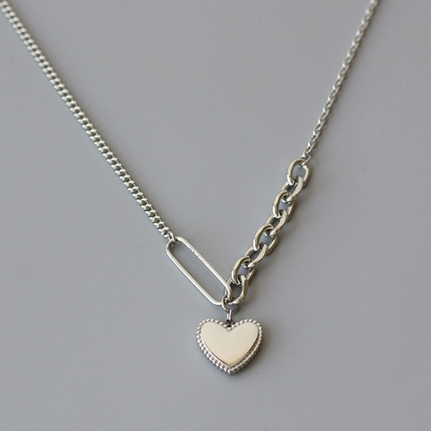 Heart Pendant Necklace 316L Stainless Steel Asymmetrical Paperclip Link Chain Beaded Edge Silver Color Modern Jewelry