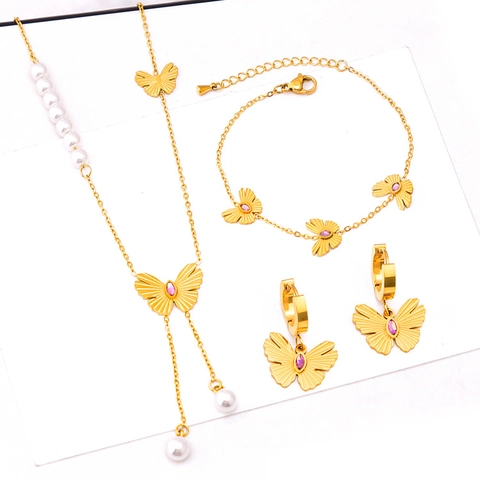 Edelstahl Schmetterling Schmuckset Für Damen Gold Strass Künstliche Perle Quaste Halskette Armband Ohrringe Mode Schmuck