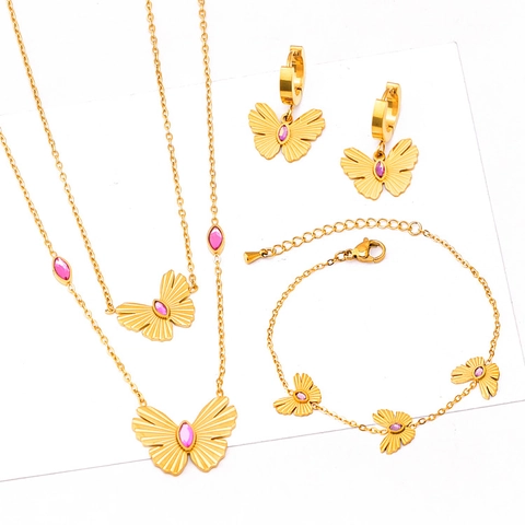 Edelstahl Schmetterling Schmuckset Für Damen Gold Strass Künstliche Perle Quaste Halskette Armband Ohrringe Mode Schmuck