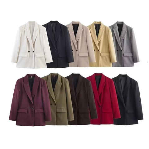 Women Double Breasted Blazer Notch Lapel Polyester Long Sleeve Outerwear Office Lady Streetwear Casual Jacket With Pockets