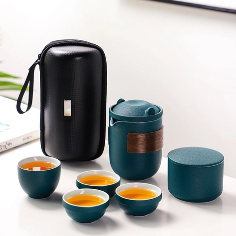 Portable Travel Teaware Ceramic Teapot With Wood Heat Insulation Ring Cups Tea Caddy Storage Case Retro Matte