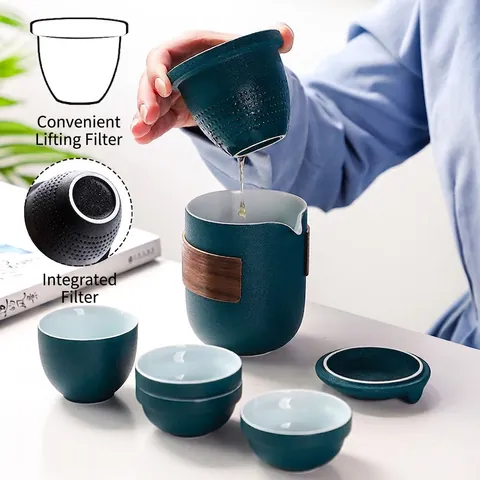 Portable Travel Teaware Ceramic Teapot With Wood Heat Insulation Ring Cups Tea Caddy Storage Case Retro Matte