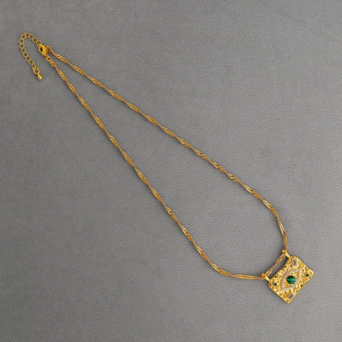 Collana Pendente Malocchio Retrò Ottone Placcato Oro 18K Malachite Zirconia Rilievo Rettangolo Gioielli Per Donna