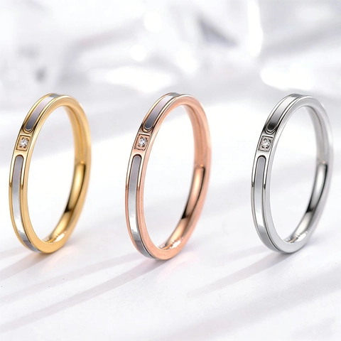 Minimalist Titanium Steel Ring 18K Gold Plated With Mother Of Artificial Pearl And Zirconia Inlay For Women Lightweight Jewelry