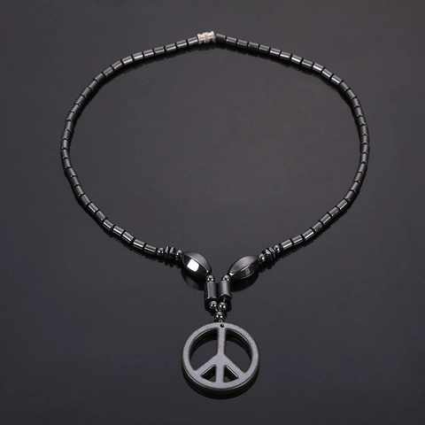 Peace Sign Pendant Necklace Magnetic Hematite Beaded Black Stone Cylinder Beads Retro Punk Jewelry For Men And Women