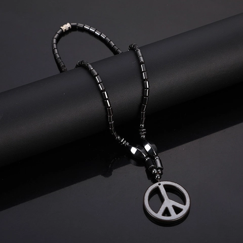 Peace Sign Pendant Necklace Magnetic Hematite Beaded Black Stone Cylinder Beads Retro Punk Jewelry For Men And Women