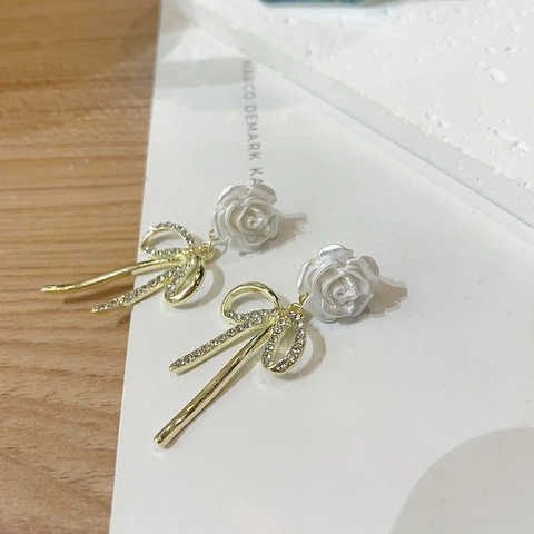 Orecchini Pendenti Camelia Con Fiocco Di Strass E Perno In Argento Sterling 925 Vintage Francese Elegante