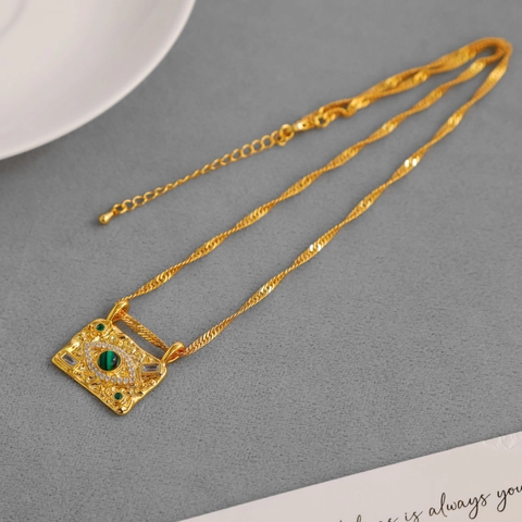 Collana Pendente Malocchio Retrò Ottone Placcato Oro 18K Malachite Zirconia Rilievo Rettangolo Gioielli Per Donna