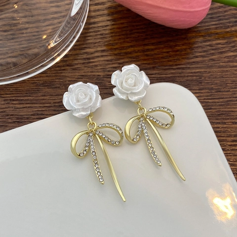 Orecchini Pendenti Camelia Con Fiocco Di Strass E Perno In Argento Sterling 925 Vintage Francese Elegante
