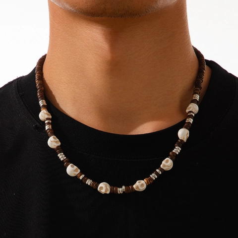 Skull Beaded Necklace With Wood Beads And Alloy Spacers Punk Gothic Hip Hop Jewelry For Men