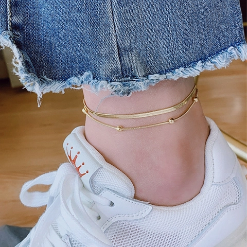 Double Layer Anklet For Women Titanium Stainless Steel Herringbone Snake Chain With Beads Adjustable Minimalist Jewelry
