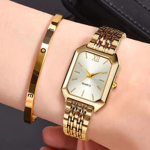 Elegante Orologio Al Quarzo Da Donna Cassa Rettangolare In Lega Numeri Romani Cinturino A Catena Orologio Da Polso E Bracciale