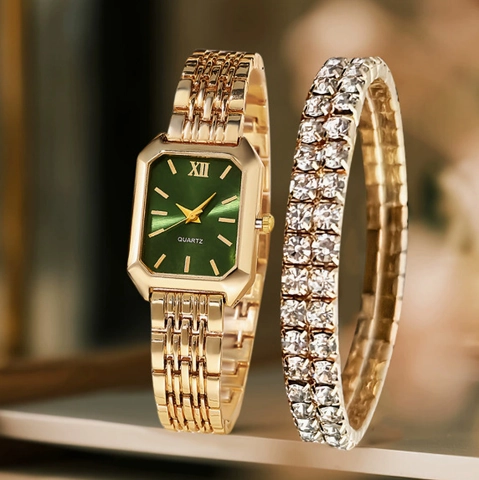 Elegante Orologio Al Quarzo Da Donna Cassa Rettangolare In Lega Numeri Romani Cinturino A Catena Orologio Da Polso E Bracciale