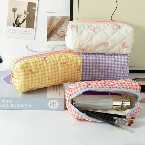 Quilted Pencil Case Large Capacity Bow Print Polyester Cosmetic Makeup Pouch Plaid Checkered Stationery Storage Bag
