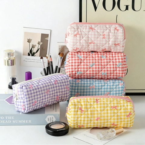 Quilted Pencil Case Large Capacity Bow Print Polyester Cosmetic Makeup Pouch Plaid Checkered Stationery Storage Bag