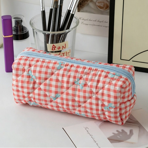 Quilted Gingham Pencil Case With Bow Print Large Capacity Cosmetic Makeup Bag Polyester Soft Storage Organizer