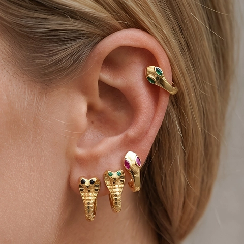 Snake Hoop Earrings Brass Gold Plated Cubic Zirconia Cobra Head Animal Ear Buckle Retro Hip Hop Jewelry Women Men