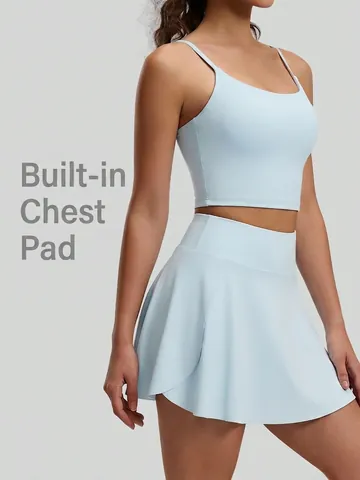 Damen Sportanzug Camisole Top Mit Integriertem BH Und Hoher Taille Plissee Rock Überkreuzter Rücken Yoga Tennis Bekleidung
